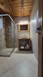 a bathroom with a sink and a glass shower at Stone Loft in Karpenisi