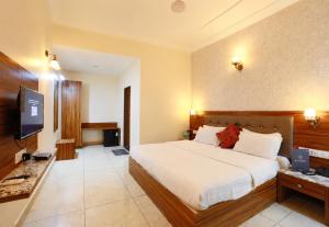 a hotel room with a bed and a television at Hotel Aradhana In Mount Abu in Mount Ābu