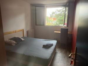 a small bedroom with a bed and a window at Location chambre rouge dans un appartement en colocation in Nevers