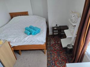 a small bed with a blue pillow on it at BEE KIND available with shared bathroom in Glastonbury