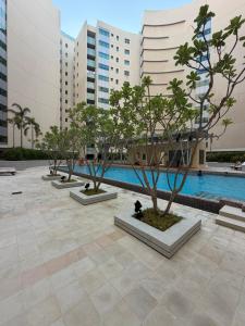 a row of trees in a courtyard with buildings at Marina private see view room in Abu Dhabi
