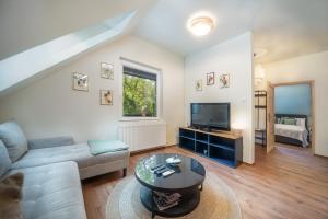 a living room with a couch and a tv at Rita Apartman in Balatonföldvár