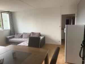 a living room with a couch and a refrigerator at Location chambre verte dans un appartement en colocation in Nevers
