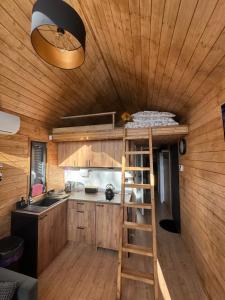 a kitchen with a ladder in a tiny house at Domek nad plażą in Chańcza