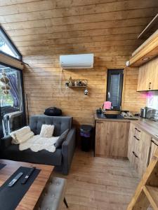 a living room with a couch and a kitchen at Domek nad plażą in Chańcza +14 photos