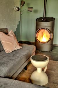 a living room with a fireplace and a couch and a fire pit at Chalet Alba in Lichtenberg
