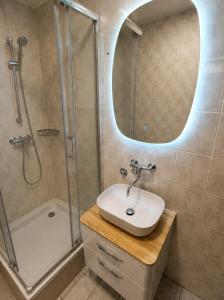 a bathroom with a sink and a shower with a mirror at Apartman Centar, Modrica in Modriča