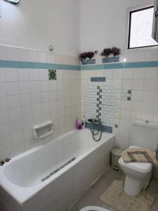 a white bathroom with a tub and a toilet at Traditional Villa Stella in Archangelos +15 photos