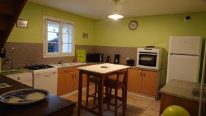 a kitchen with green walls and a white refrigerator at Domaine de Beaudon Les Coucous in Augerville-la-Rivière