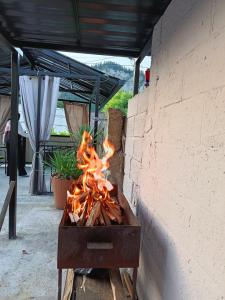 a grill with a fire in it next to a wall at Vaso&Iro hotel in Borjomi