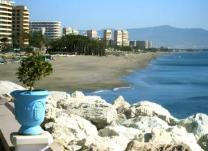a blue vase sitting on a wall next to a beach at Apartamento El Mar Azul 5 in Torremolinos