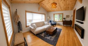 a living room with a couch and a tv at Chalet avec spa et lac privé in Saint Come