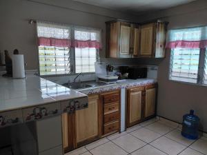 a kitchen with wooden cabinets and a counter top at Tu casa en Omoa in Omoa
