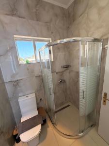 a bathroom with a shower and a toilet at Rafael & Sofia Luxury Suites in Ammoudia