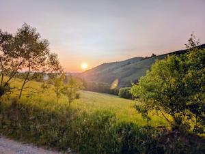 a field with the sun setting on a hill at Cabana Ozon in Sărmaş