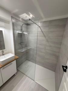 a bathroom with a glass shower and a sink at Gite de groupe lacs et forêt du jura - SPA et Sauna Privatif - Orgelet in Orgelet +43 photos
