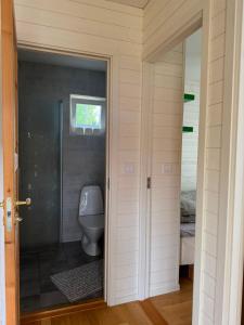 a bathroom with a toilet and a glass door at Charming cottage on Kvegero in Gnesta +27 photos