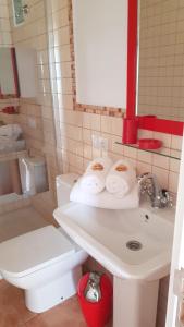 a bathroom with a sink and a toilet and a mirror at Casa el Durazno in Lodero +14 photos
