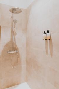 a bathroom with a shower with two soap bottles at Paulus41 in Antwerp +16 photos