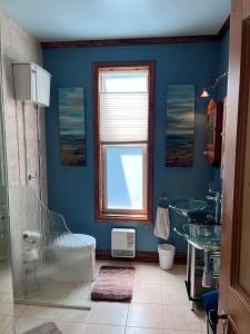a blue bathroom with a window and a sink at La Tournesol in Granby