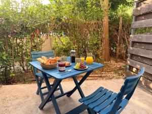 a picnic table with a basket of bread and fruit at Côté green in Juvignac