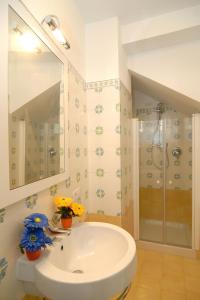La salle de bains est pourvue d'un lavabo blanc et d'une douche. dans l'établissement Casa Marechiaro, à Conca dei Marini