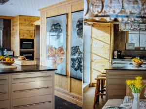 two pictures of a kitchen with a counter top and a kitchen at Valley View Residence in Sankt Anton am Arlberg