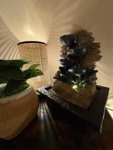 a table with a statue of a plant and a lamp at Senda del Cielo in Villa Nueva