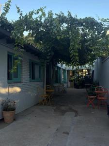 a patio with chairs and a tree in front of a building at Posada Las Chacras in Ciudad Lujan de Cuyo