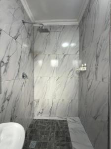 a bathroom with a shower with a toilet and a sink at Jets Stay Property in Cape Town +28 photos