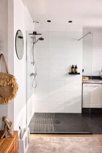 a shower with a glass door in a bathroom at Studio Casa Martine in Noordwijk aan Zee +22 photos