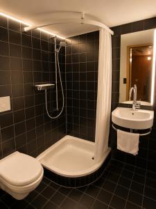 a bathroom with a toilet and a sink and a shower at Klösterli Malters in Malters
