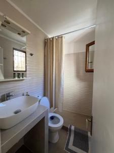 a white bathroom with a sink and a toilet at Elina Apartments in Batsi +38 photos