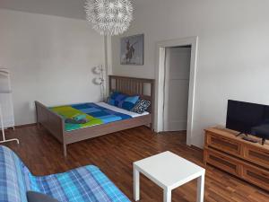 a bedroom with a bed and a table and a tv at Apartmán u Mlsného medvěda in Bečov nad Teplou