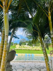 a couple of palm trees next to a swimming pool at Hotel Fazenda Oásis in Carpina +30 photos