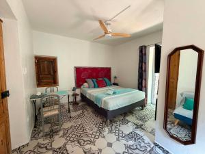 a bedroom with a bed and a mirror at Le Mas Sylva in La Barriére