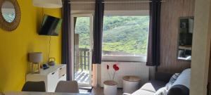 a living room with a couch and a large window at Apartamentos Grifo Vacances Grizzly in Pas de la Casa