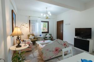 a living room with a couch and a tv at Villa Lito in Litochoro