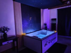 a purple room with a bath tub in a bathroom at L'Expérience in Villermain