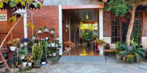 a brick house with a bunch of potted plants at Homestay Syariah Melati Borobudur in Borobudur