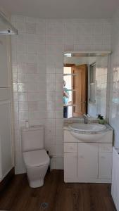 a bathroom with a toilet and a sink and a mirror at Casa da Cerca in Cenlle