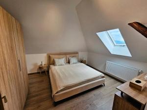 a bedroom with a bed and a skylight at Útulný podkrovný apartmán, Pet Friendly in Martin