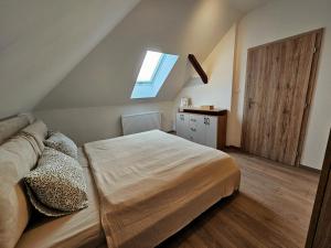 a bedroom with a bed and a skylight at Útulný podkrovný apartmán, Pet Friendly in Martin