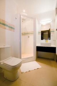 a bathroom with a shower and a toilet and a sink at The Hub Boutique Hotel in Port Elizabeth