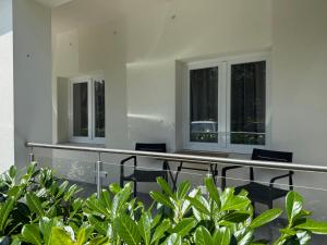 two windows on the side of a building with plants at Oliva Apartman in Bük