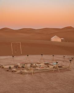 a group of cameras in the desert at sunset at Arabian Horse camp in Badīyah