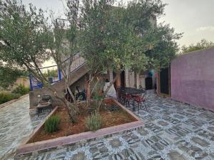 a patio with a tree and a table and chairs at Villa route ourzazate in Aït Ourir