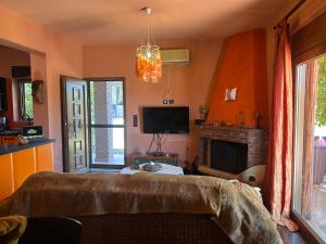a living room with a bed and a fireplace at Mulberry Tree in Agia Anna