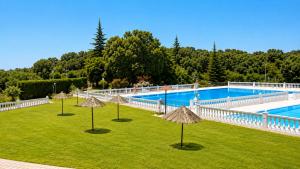 a large swimming pool with umbrellas in the grass at Casa Rural Canchalejo in Montánchez