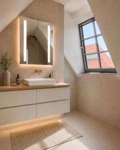 a bathroom with a sink and a mirror at Kiefernhuus 3 in Norderney